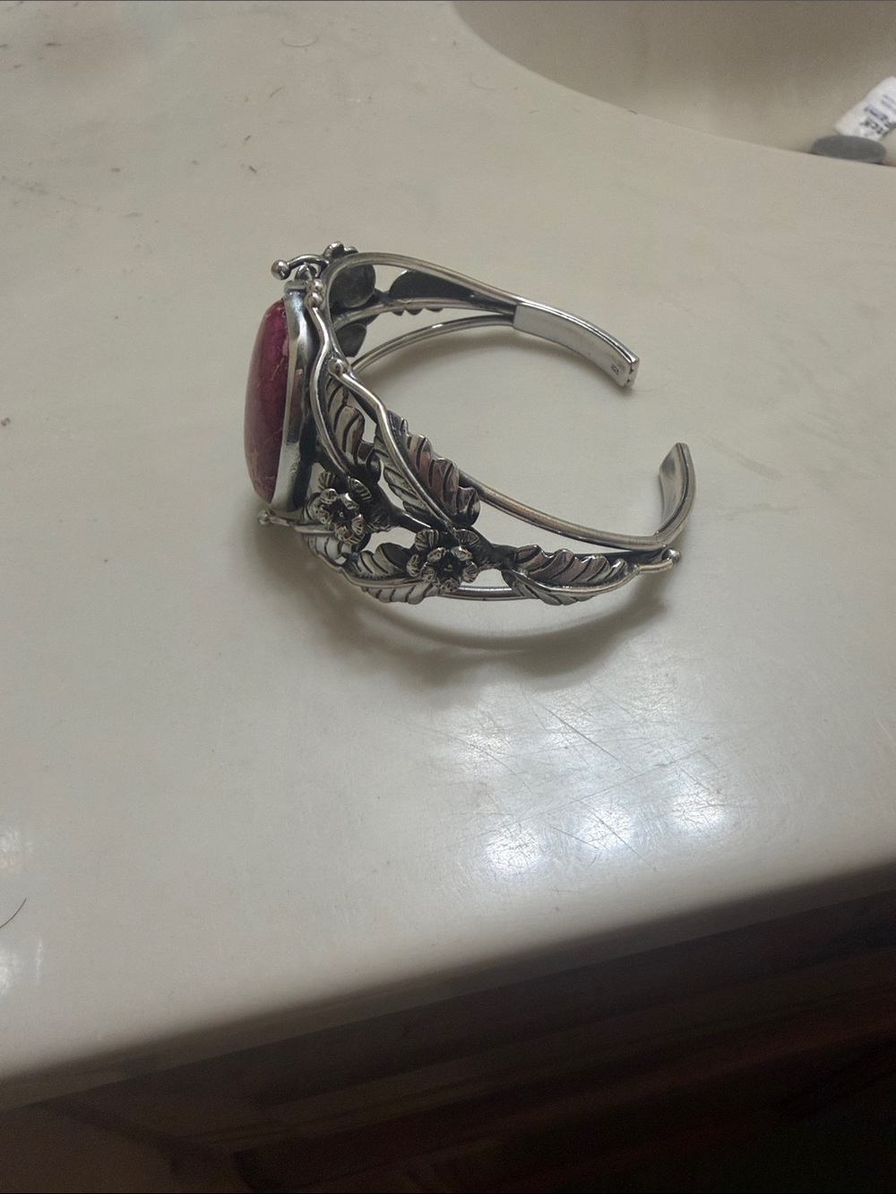Silver tone Floral Cuff Bracelet with Pink Stone Costume Jewelry - Picture 5 of 5
